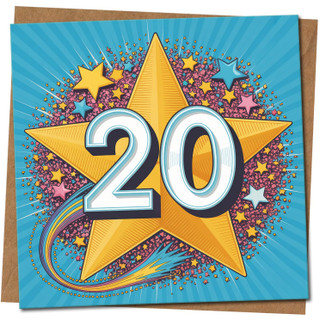 20th Birthday Card - Big Star 20 Design - Milestone Square Greeting Card, 145mm x 145mm, Kraft, Includes Kraft Envelope