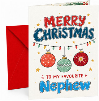 Nephew Christmas Card with Baubles and Fairy Lights