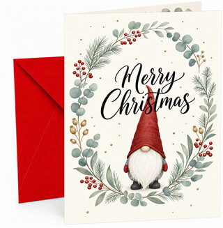 Christmas Card Gnome in Foliage Wreath Merry Christmas