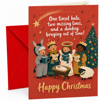 Christmas Card Nativity Carol Singers with Donkey and Tree