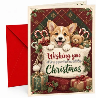 Christmas Card Cute Corgi Puppy with Teddy and Presents