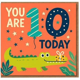 10th Birthday Card for Kids - You Are 10 Today - Crocodile with Present and Balloon Numbers - Fun Colourful Children's Birthday Card