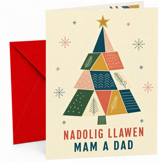 Mam a Dad Christmas Card, Welsh Geometric Christmas Tree