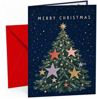 Christmas Card Starry Night Tree with Colourful Stars