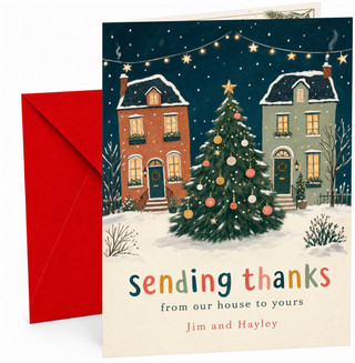 Thank You Card, Snowy Houses & Christmas Tree Lights
