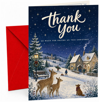Christmas Thank You Card, Winter Village with Deer and Fox