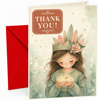 Thank You Card Watercolour Princess Holding Stars Crown