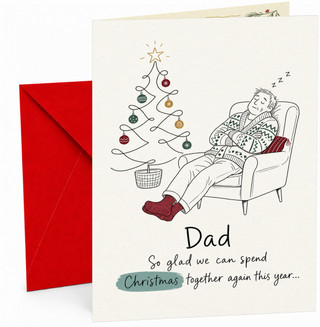Dad Christmas Card, Sleeping in Armchair & Tree Illustration