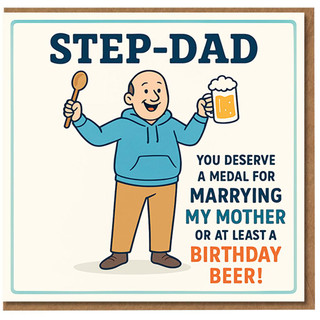 Step-Dad Birthday Card - Funny 'You Deserve a Medal for Marrying My Mother or at Least a Birthday Beer' Cartoon, Beer and Wooden Spoon Joke for Stepdad