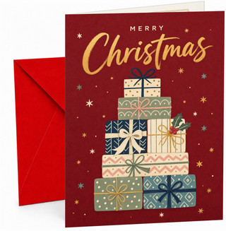 Merry Christmas Card, Stacked Wrapped Presents on Red