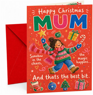 Mum Christmas Card, Funny Festive Chaos Mum Illustration