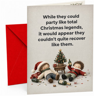 Funny Christmas Card, drunk dolls by tree and wine bottles