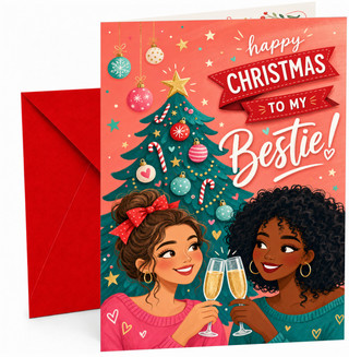 Bestie Christmas Card, Friends Toasting by Tree & Baubles