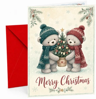Christmas Card with Teddy Bears and Mini Tree