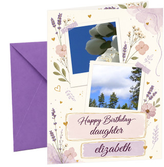 Personalised Lavender Floral Birthday Card with 2 Photos, Recipient & Name