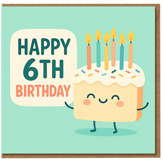 6th Birthday Card for Kids, Cute Cake with Candles and Sprinkles, Happy 6th Birthday Cartoon Design