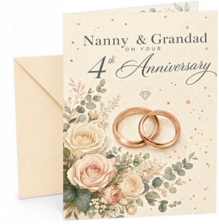 Nanny & Grandad 4th Anniversary Card Roses and Rings
