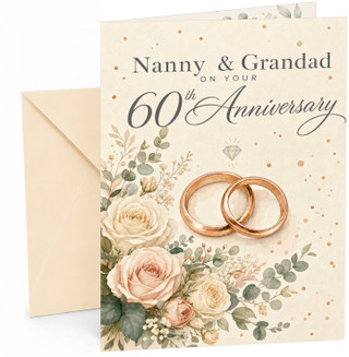 Nanny & Grandad 60th Anniversary Card Rose Gold Rings & Roses