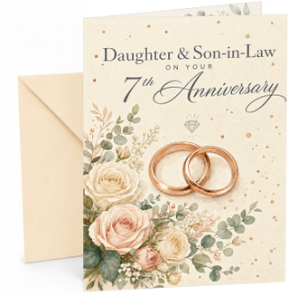 Daughter & Son-in-Law 7th Anniversary Card Rings & Roses