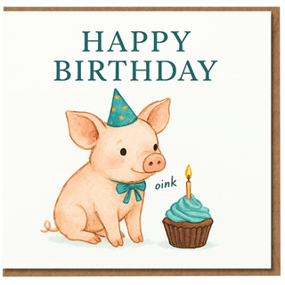 Happy Birthday Card - Cute Pig with Party Hat and Cupcake Candle - Fun Farm Animal Illustration with 'oink' and Bold 'HAPPY BIRTHDAY'