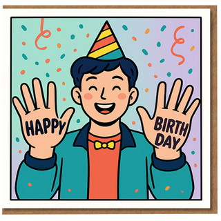 Happy Birthday Card - Party Hat Kid with Confetti and 'HAPPY BIRTHDAY' on Hands - Bright Fun Cartoon Celebration Design