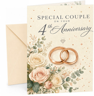 Special Couple 4th Anniversary Card Rose Gold Rings & Roses