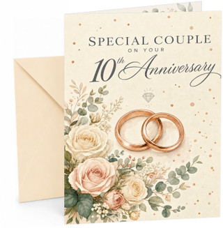 Special Couple 10th Anniversary Card Rose Gold Rings & Roses