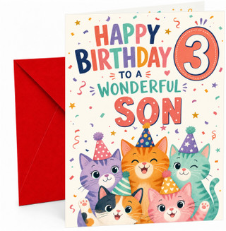 Son 3rd Birthday Card Party Cats and Confetti