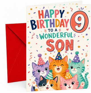 Son 9th Birthday Card Party Cats in Hats and Confetti