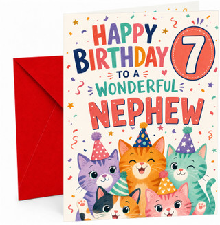 Nephew 7th Birthday Card Party Cats in Hats & Confetti
