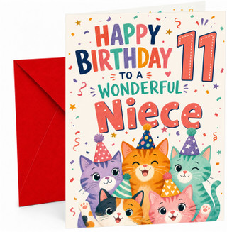 Niece 11th Birthday Card Party Cats in Hats and Confetti