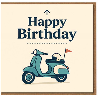 Happy Birthday Card - Retro Scooter Illustration, Teal Moped with Helmet and Flag - Minimalist Design for Scooter Fans & Mod Style Lovers
