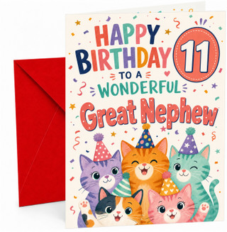 Great Nephew 11th Birthday Card Party Cats in Hats Confetti