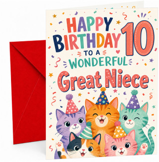 Great Niece 10th Birthday Card Party Cats in Hats & Confetti