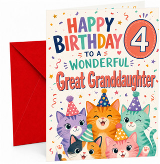 Great Granddaughter 4th Birthday Card Party Cats and Confetti