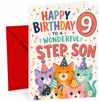 Step Son 9th Birthday Card Party Cats in Hats & Confetti