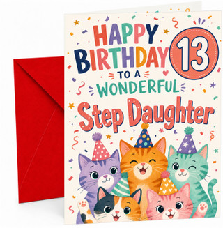 Step Daughter 13th Birthday Card Party Cats in Hats Confetti