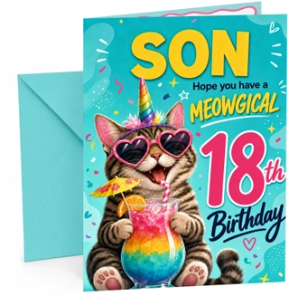 Son 18th Birthday Card Funny Unicorn Cat Cocktail