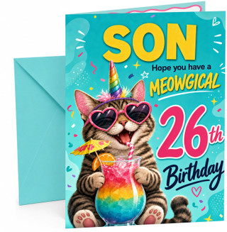 Son 26th Birthday Card Meowgical Unicorn Cat Cocktail