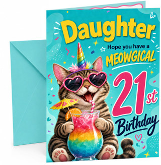 Daughter 21st Birthday Card Unicorn Cat Rainbow Cocktail