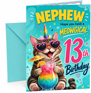 Nephew 13th Birthday Card Meowgical Unicorn Cat Cocktail