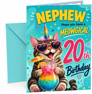 Nephew 20th Birthday Card Meowgical Unicorn Cat Cocktail