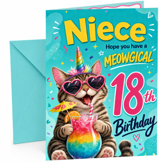 Niece 18th Birthday Card Unicorn Cat Rainbow Cocktail