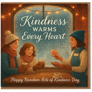 Kindness Warms Every Heart - Random Acts of Kindness Day Card - Cosy Café Friends, Heart Biscuit and Hot Drinks - Heartfelt Encouragement/Thank You Greeting Card