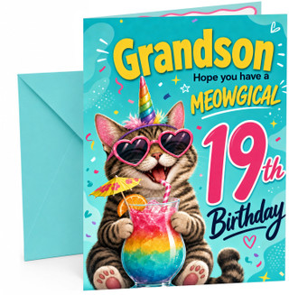 Grandson 19th Birthday Card Meowgical Unicorn Cat Cocktail