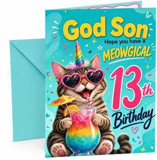 God Son 13th Birthday Card Meowgical Unicorn Cat Cocktail