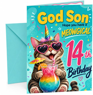 God Son 14th Birthday Card Meowgical Unicorn Cat Cocktail
