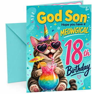 God Son 18th Birthday Card Meowgical Unicorn Cat Cocktail
