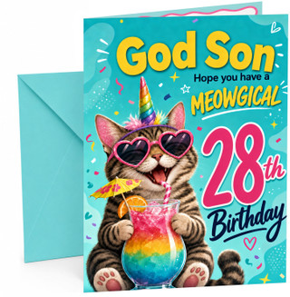 God Son 28th Birthday Card Meowgical Unicorn Cat Cocktail