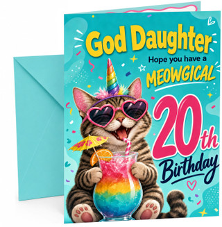 God Daughter 20th Birthday Card Unicorn Cat Cocktail